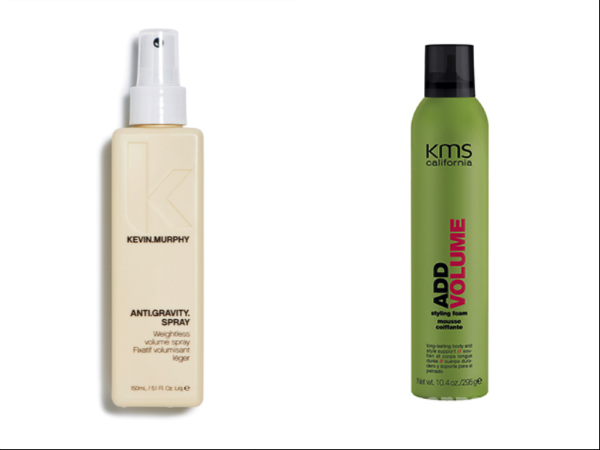 　髮型师推荐「细软髮打底」产品(左)Kevin Murphy 上引喷雾 (右)KMS 丰盈泡泡