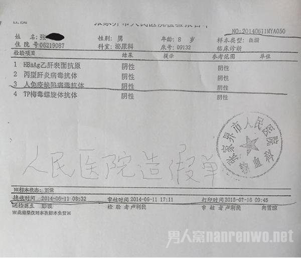 家属质疑张家界市人民医院化验单