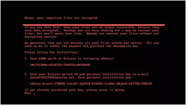 Petya敲诈者病毒破坏后的开机画面，索要价值300美元的比特币