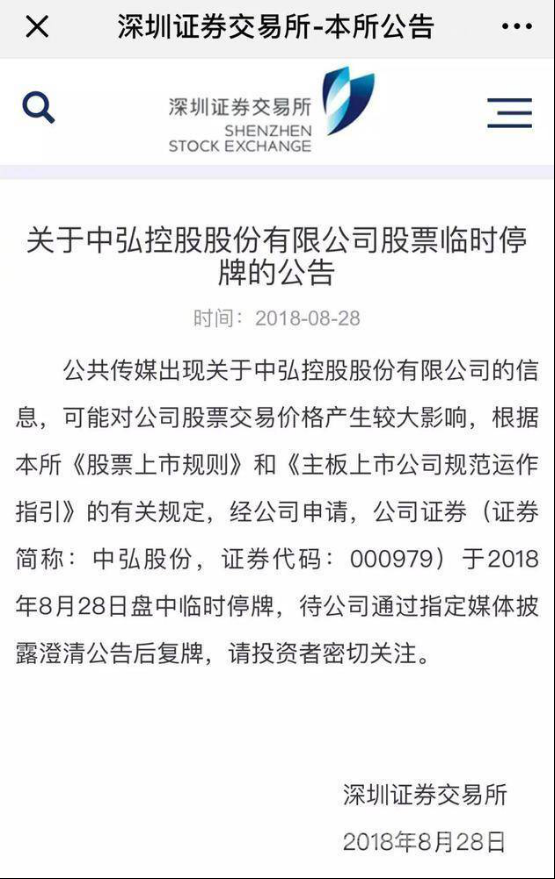 中弘股份股票盘中临时停牌公告