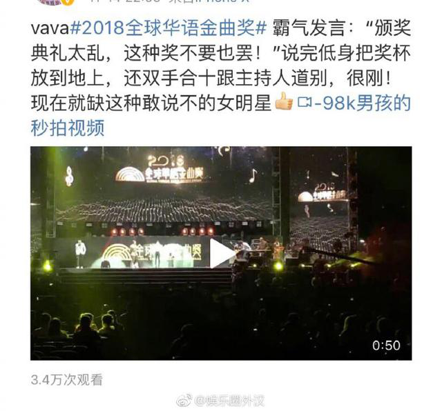 VAVA拒绝金曲奖杯