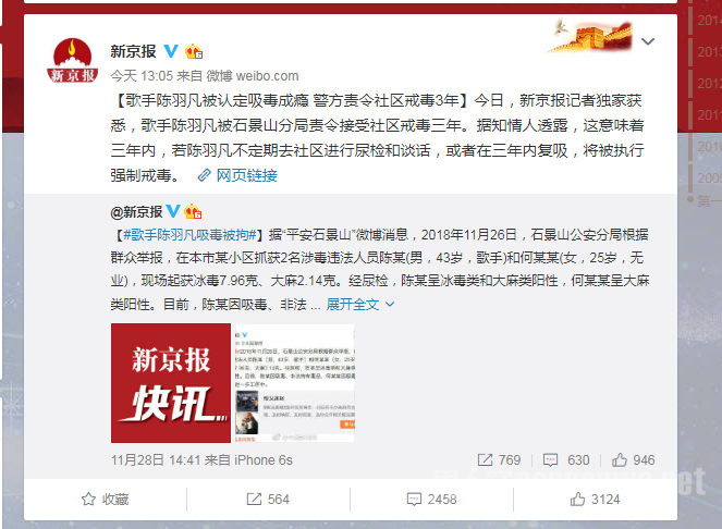 陈羽凡吸毒被捕后警方责令社区戒毒三年