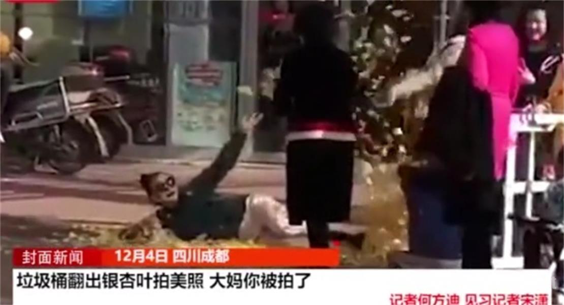 抛洒银杏叶拍照