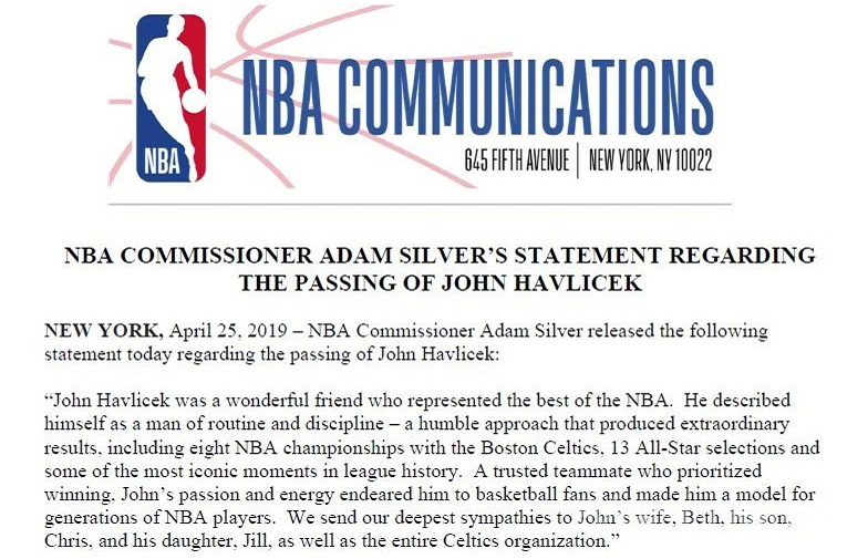 NBA联盟主席发文悼念