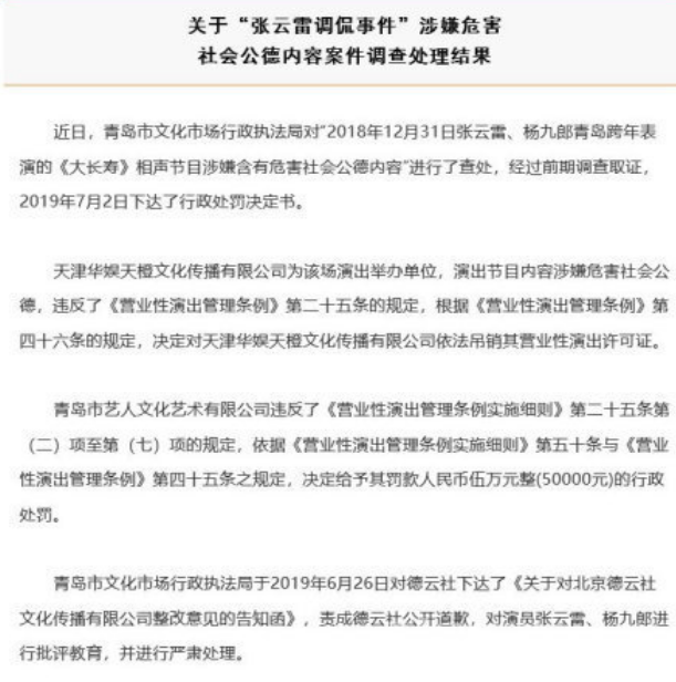 张云雷调侃事件处罚结果