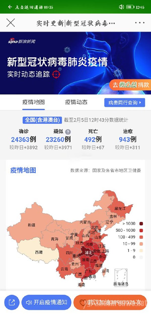 全国累计确诊新型肺炎24324例