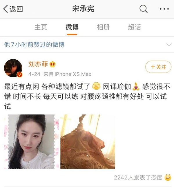 宋承宪点赞刘亦菲自拍